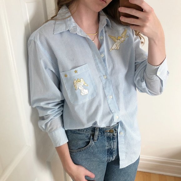 Vintage Tops - Vintage Angel Star Patch Oversized Button Down Shirt Renaissance Embroidery Cute